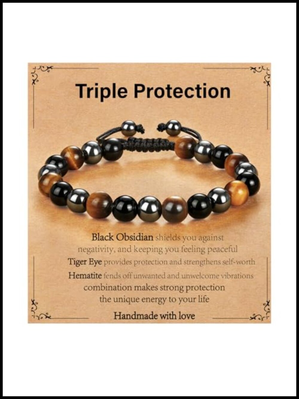Men's Healing Crystal Bracelet Triple Protection Hematite Obsidian Tiger Eye